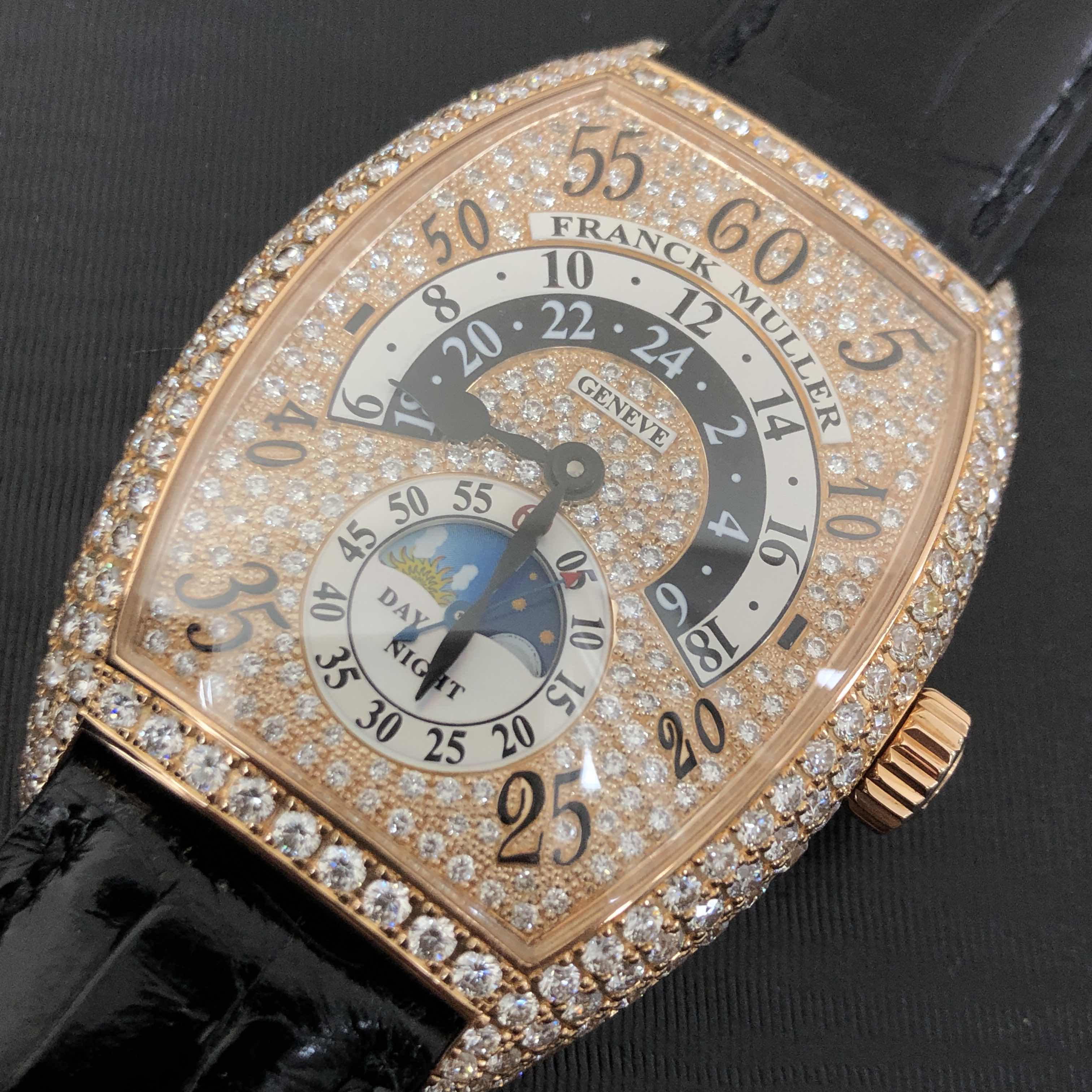Franck Muller 7880 H R JN D CD (5N)-BLACK STRAP CINTREE CURVEX Automatic 18kt Rose Gold & Diamonds